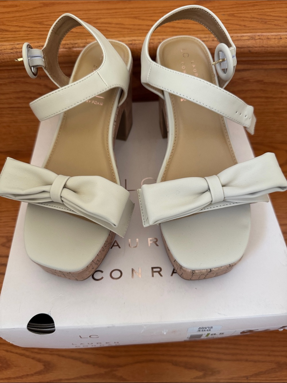 LC Lauren Conrad Cream Bow Block-Heel Sandals with Ankle Strap